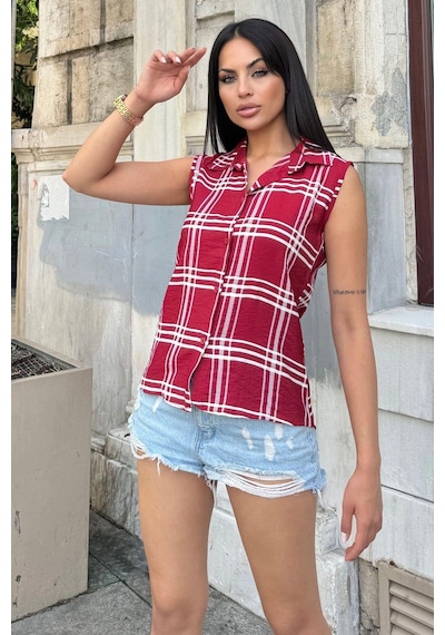 WeShaya Kadın Bordo Ekose Desen, Dokulu Bodrum Kumaş, Kolsuz Rahat Gömlek Bordo