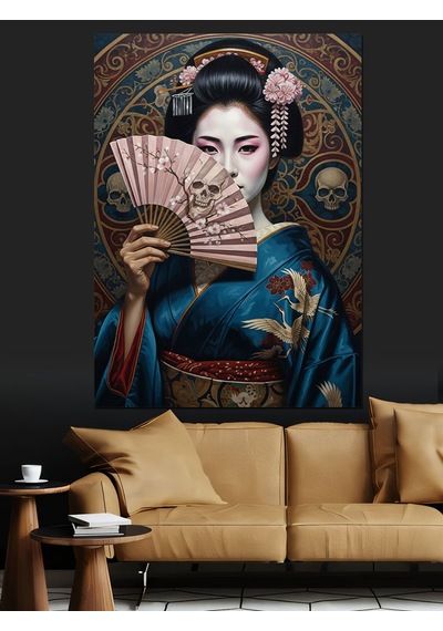 Ahşap Tablo Japon Geyşa Yelpaze Tutuyor