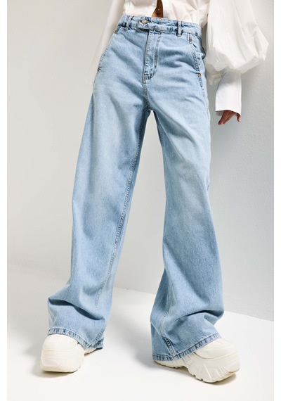 Itsbasic Kadın Ice 4s6-3 Barrel Yüksek Bel Fit Süper Bol Kesim Kemer Detaylı Tasarım Denim Jean Buz Mavi