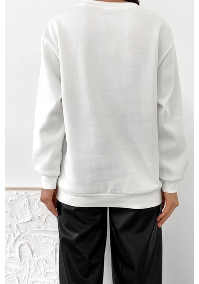 Femelle Ekru Kalın Içi Polarlı Nakış Işlemeli Kabartmalı Oversize Sweatshirt