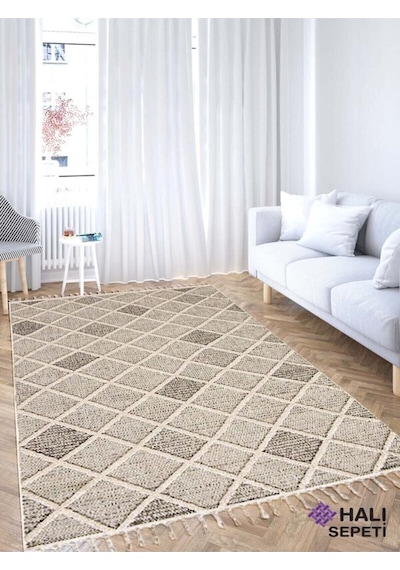 Enti Bukle 1411 Krem Iskandinav Halı Kesme Yolluk Salon Halı Koridor Oturma Odası Halısı Krem