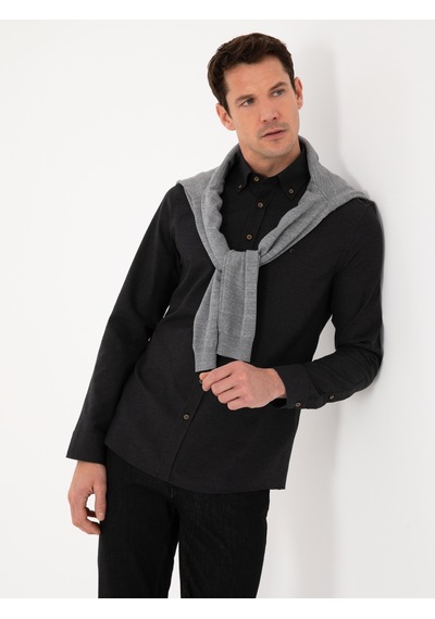 Cacharel Siyah Slim Fit %100 Pamuk Yakası Düğmeli Flanel Gömlek