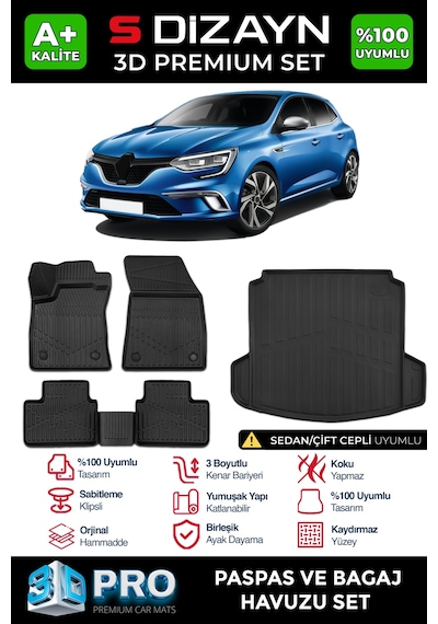 S-dizayn Renault Megane 4 Sedan 3d Pro Havuzlu Paspas Ve Çift Kulak Bagaj Havuzu Seti 2'li Set 2016-2021 A+ Kalite