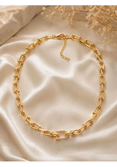 Gold Zincir Tek Halka Zirkon Taşlı Çelik Kolye Altın