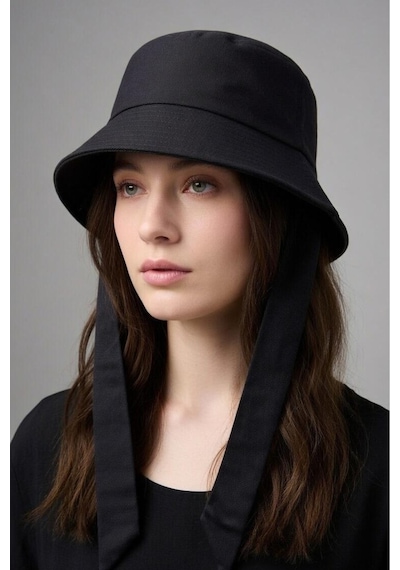 Mollycrush Kadın Siyah Bucket Çene Altı Bağlama Detaylı Şapka Pamuklu Gabardin Güneş Koruyucu Balıkçı Modeli Antrasit