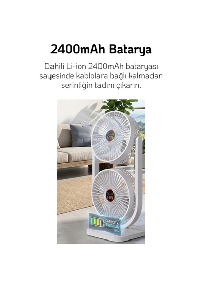 Masaütü Fan Çift Katlı Şarjlı Vantilatör Sessiz Çalışma Oynar Baş Type-c Hızlışarj 3 Kademe Soğutucu