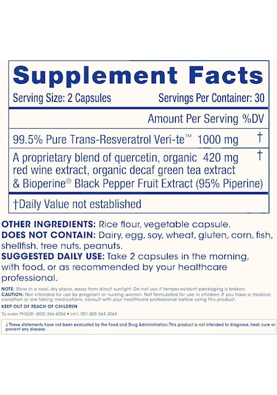 Prohealth Pure Trans Resveratrol Plus Quercetin Red Wine & Green Tea Extract Healthy Aging 1000mg 60 Caps Aromasız