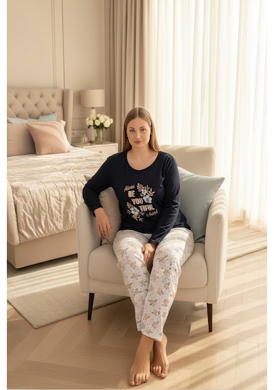 Rindahomewear Büyük Beden Süprem Uzun Kol Pijama Takımı Siyah