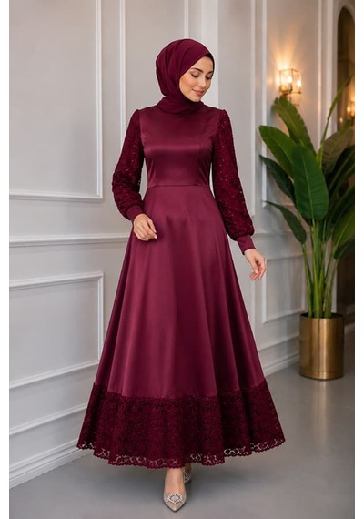 Maşuka Çiçek Desen Dantel Detaylı , Saten Şık Düğün Ve Davet Elbisesi Vişne Çürüğü Vişne Çürüğü Maşuka Çiçek Desen Dantel Detaylı , Saten Şık Düğün Ve Davet Elbisesi Vişne Çürüğü Vişne Çürüğü