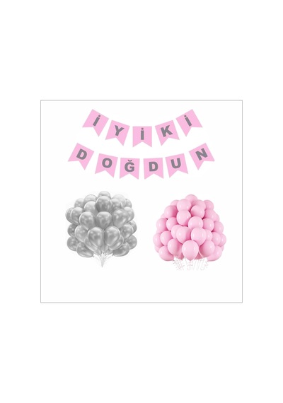 Pembe - Gümüş Mını Balon+Banner Seti