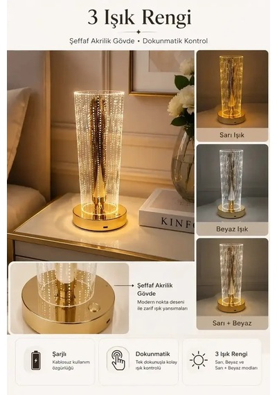 Led Masa Lambası Şeffaf Silindir Akrilik Gövdeli Gold Şarjlı Dokunmatik Led Masa Lambası 3 Kademeli