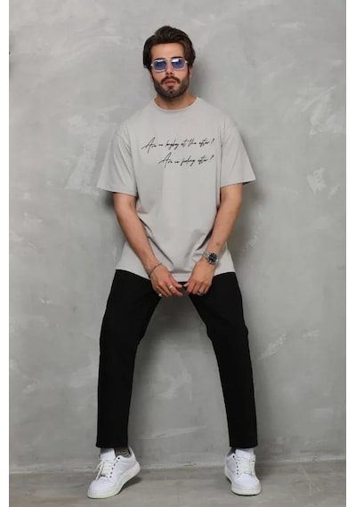 Vexor Unisex Bisiklet Yaka Baskılı Oversize T-shirt - Gri