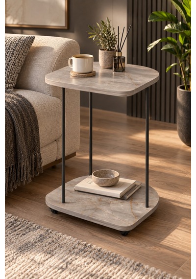 Sulorahome Tekerlekli Oval Servis Sehpası Mermer Desenli Gri