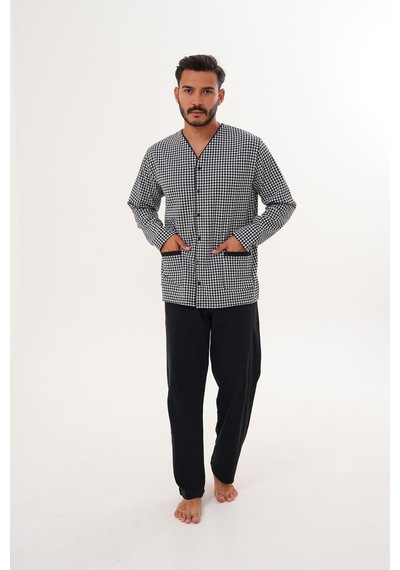 Çift Kaplan Erkek Kazayağı Desen Önden Düğmeli Beyaz Pijama Takımı 8037 Beyaz