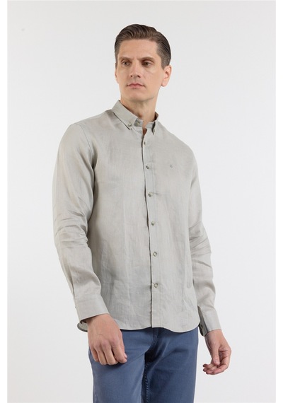 İmza Vizon Keten Düğmeli Yaka Uzun Kol Cepsiz Slim Fit Keten Gömlek 1004260161 2XL