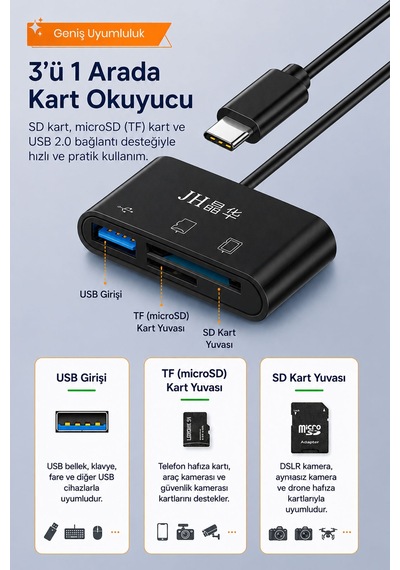 Type-c 3ü 1 Arada Kart Okuyucu Hub, Sd Microsd Tf Kart Ve Usb 2.0 Girişli Otg Adaptör, Apple Macbook Uyumlu Telefon Pc , Fotoğraf Video Dosya Aktarımı, Tak Çalıştır D408