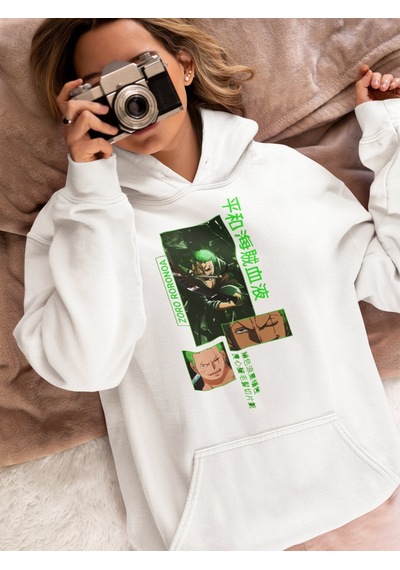 Sevbano Zoro Roronoa Baskılı Unisex Oversize One Piece Anime Hoodie beyaz