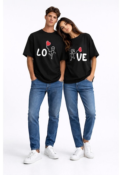 Sevgili Kombini Love Baskılı Çift Tişört Oversize Unisex Partner Siyah
