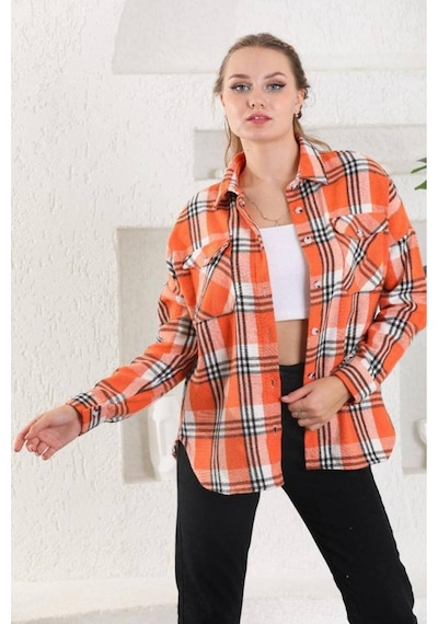 Polologin Butik Turuncu Siyah Çizgi Detaylı Spor Kesim Oduncu Gömlek Diğer