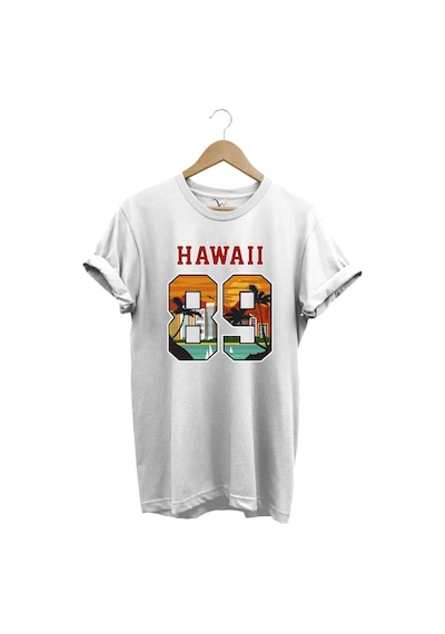 Hawaii 89 Gün Batımı Palmiye Ve Yelkenli Baskılı %100 Pamuk Unisex Regular Fit Tişört Beyaz