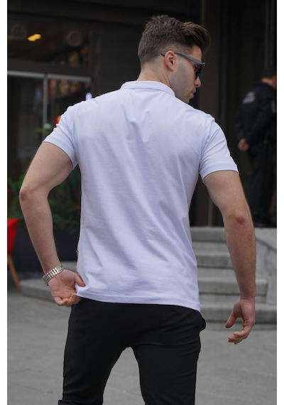Madmext Erkek Beyaz Basic Fermuarlı Polo Tişört 6076 Beyaz