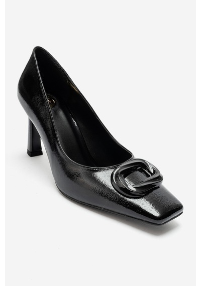 Luvi Shoes Vlınder Siyah Kırışık Rugan Tokalı Kadın Topuklu Ayakkabı