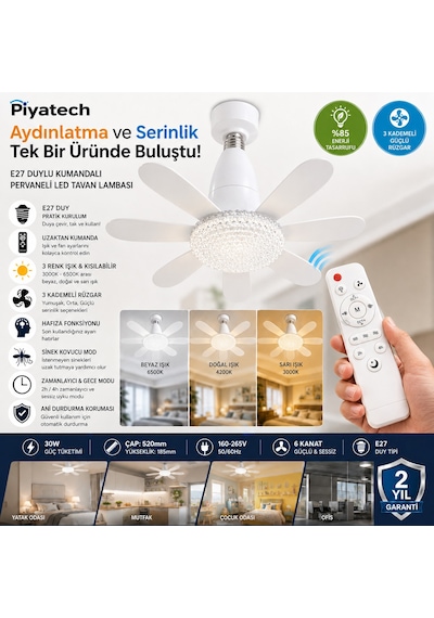 E27 Duylu Kumandalı 6 Kanatlı Pervaneli Led Tavan Lambası 30w 3 Renk Işıklı Fanlı Avize