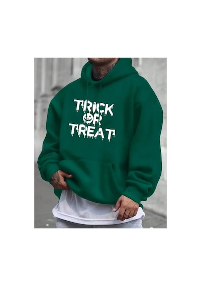 Medinenur Trick Or Treat Baskılı Kapüşonlu Cepli Sweatshirt Yeşil