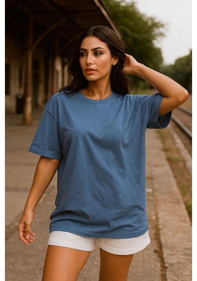 Kadın Mavi %100 Pamuk Oversize Basic Tişört Rahat Kalıp Relaxed Bisiklet Yaka T-shirt Çok Renkli