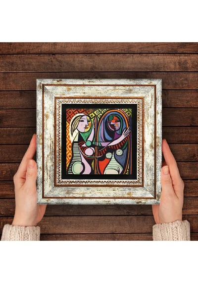 Picasso Ayna Karşısındaki Kız Taş Duvar Tablosu - Çerçeveli Taş Tablo - Dekoratif Duvar Sanatı - Modern Ev Ve Ofis Duvar Dekoru K1-301