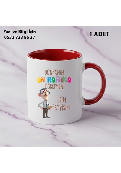 Dünyanın En Harika Öğretmeni Tasarımlı Kupa Bardak-öğretmenler Günü Hediye-kişiye Özel İsim Yazılır Kırmızı