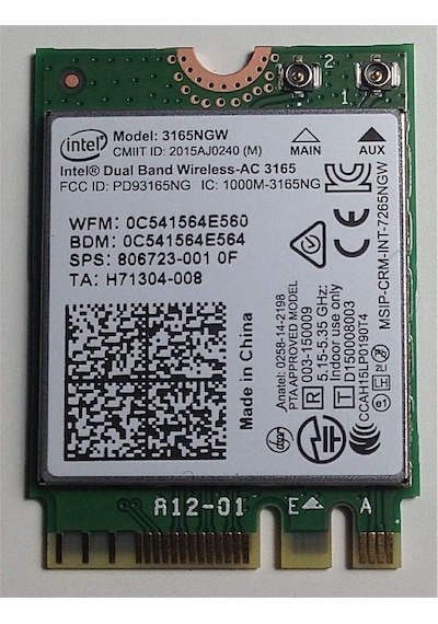 Intel 3165ngw Dual Band Wi Fi + Bluetooth 4.0 Kablosuz Ağ Kartı M.2 Ngff