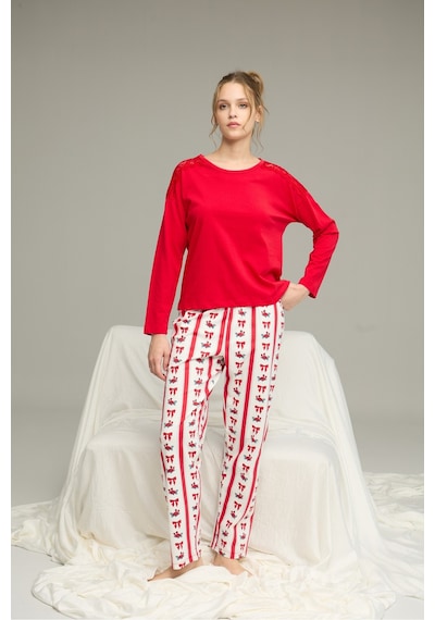 Siyah İnci Dantel Detaylı Örme Pamuklu Pijama Takım25240263 Kırmızı