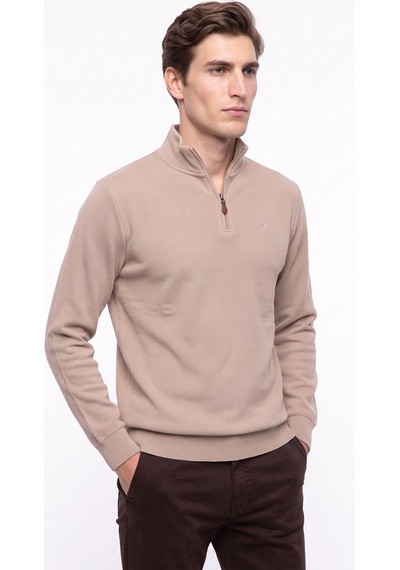 Mustang Bej Erkek Fermuarlı Basic Nakışlı Sweatshirt M6wm-swt1591