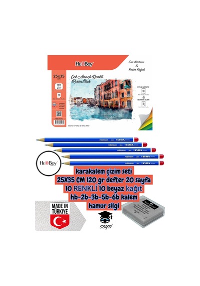 Karakalem Çizim Seti 25x35 Cm 120gr Defter 20 Sayfa 10 Renk 10 Beyaz Hb-2b-3b-5b-6b Kalem Herboy Çok Renkli
