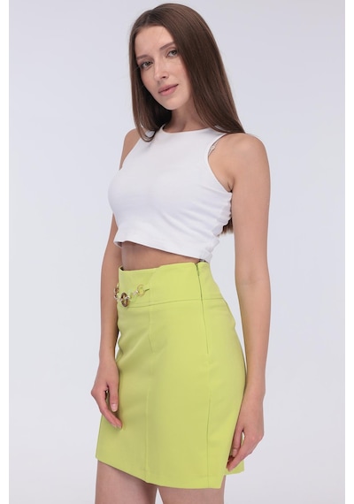 Selectmoda Kadın Zincir Toka Detaylı Modern Şık Mini Etek Yeşil