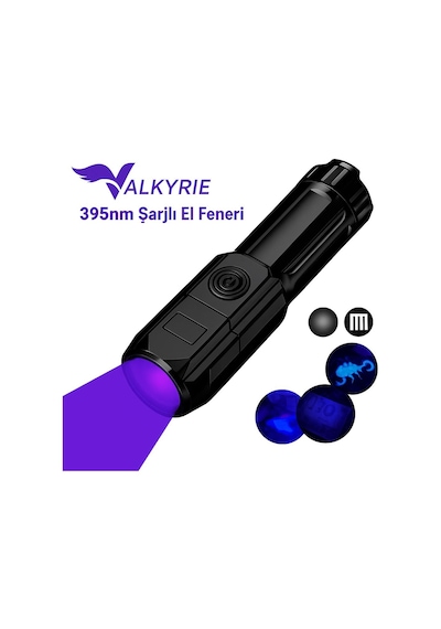 Valkyrie 395nm Uv Mor Işık Şarjlı El Feneri 1200mah Batarya, Type-c Şarj, Hafif Ve Güçlü Tasarım Siyah