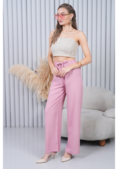 Polologin Butik Beli Bağcıklı Yüksek Bel Bol Paça Pudra Pantolon Pembe