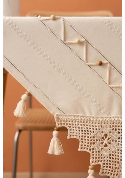Boncuk Detaylı Güpürlü Kare Runner 90x90 Cm Krem