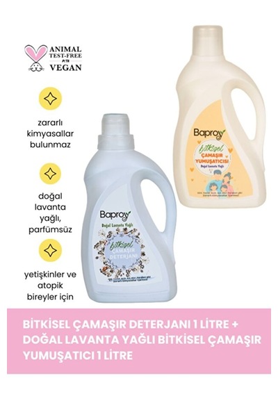 Baproy Bitkisel Çamaşır Deterjanı 1 Litre + Bitkisel Çamaşır Yumuşatıcısı Doğal Lavanta Yağlı 1 Litre 2 L