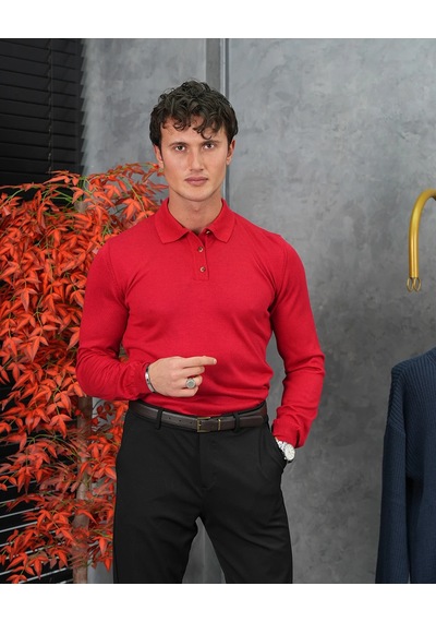 Modefendi Slimfit Kalıp Pamuk Likra Düğme Detaylı Triko Kazak Kırmızı