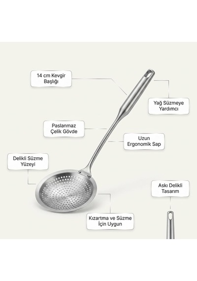 Paslanmaz Çelik Yağ Kevgiri 14 Cm, Delikli Süzme Yüzeyli Uzun Saplı Kızartma Süzgeci, Askı Delikli Mutfak Kevgiri Diğer