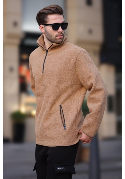 Madmext Bej Dik Yaka Yarım Fermuarlı Buklet Sweatshirt 7084 Bej