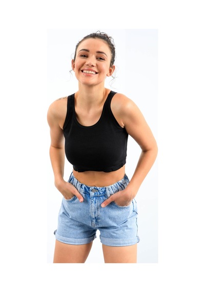 Tommy Life Lacivert Basic Sıfır Kol Dar Kalıp U Yaka Kadın Crop Top Atlet - 97162 Lacivert