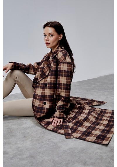Elora Kahverengi Ekose Detaylı Premium Oversize Trençkot 46650 Kahverengi-vizon