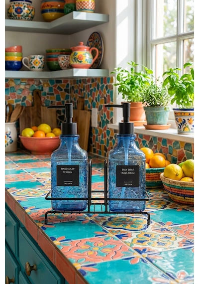 Makri Home Modern Cam Sıvı Sabunluk & Deterjanlık Seti-500 Ml Cam Sabunluk, Metal Stand'lı Siyah