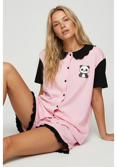 Siyah İnci Yaka Detaylı Baskılı Düğmeli Pamuklu Örme Şortlu Pijama Takımı 8009 Pembe