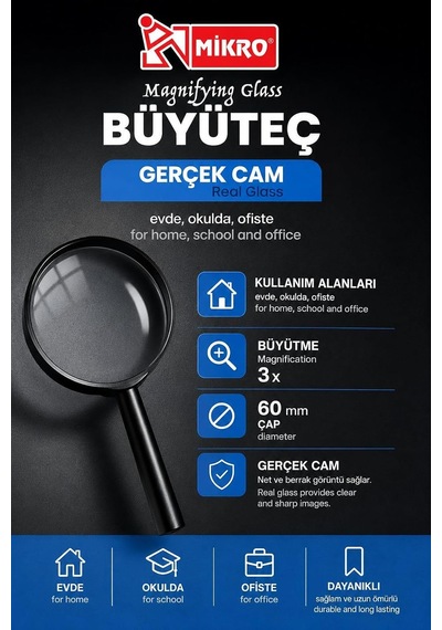 Mikro Büyüteç, Gerçek Cam, 3x Büyütme, 60 Mm Çap, El Tipi, Okuma Harita Hobi Ofis Okul İçin