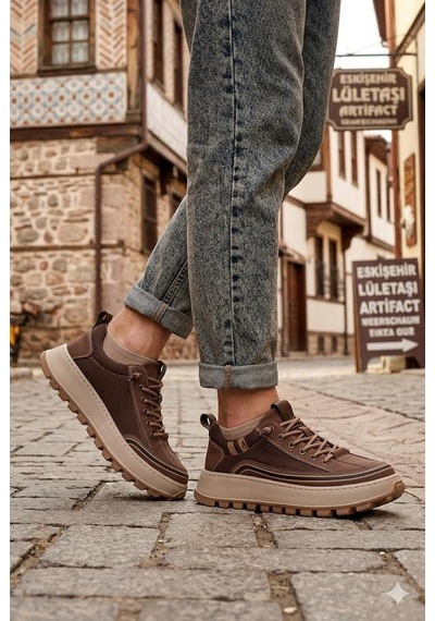 Guja 26y514 Rahat Hafif Taban Tekstil Lastik Bağcıklı Sneaker Erkek Ayakkabı Kahve