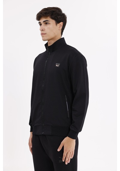 Rowinger Cepli Dik Yaka Tam Fermuarlı Göğüs Arma Detaylı Rahat Kalıp Mevsimlik Sweatshirt Black